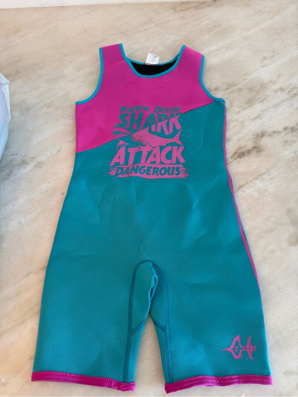 Shark Attack Kids Neoprene Swim Suit - Teal & Pink